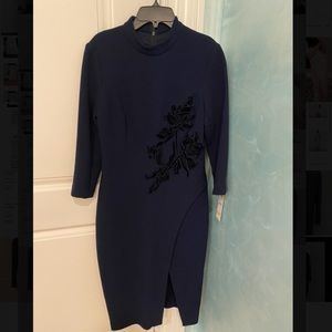 Teri Jon navy dress with flower embroidery detail